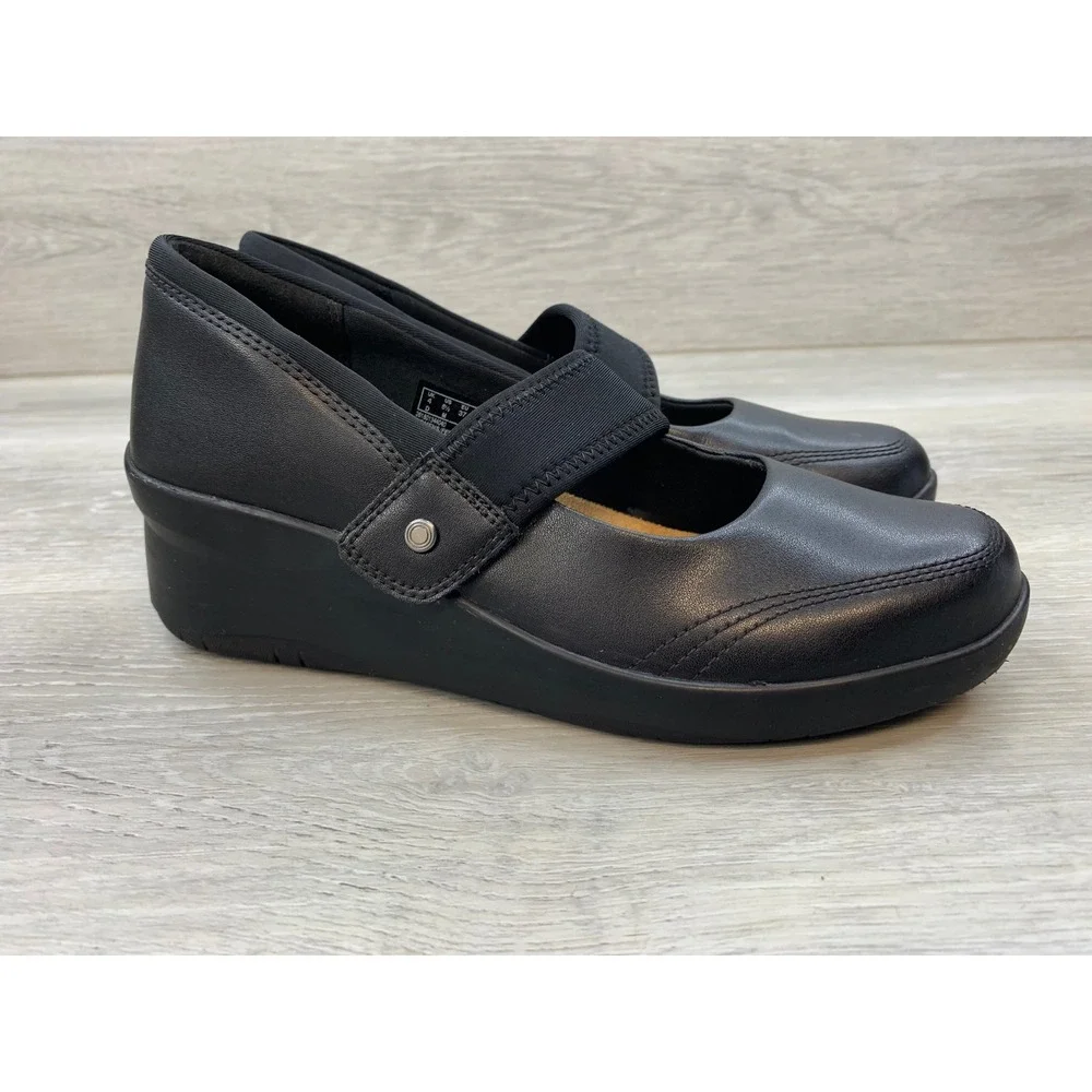 Clarks Women's Black Leather Mary Jane Wedge Shoes Ultimate Comfort 6.5